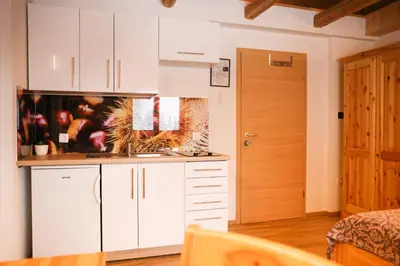 a kitchen with white cabinets and a wooden door at House Storz in Pohorje