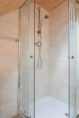 a shower with a glass door in a bathroom at House Storz in Pohorje
