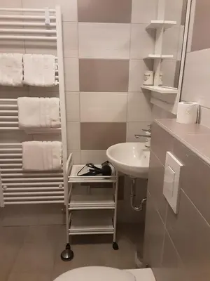 a bathroom with a sink and a toilet and towels at Apartments Barbi in Bled