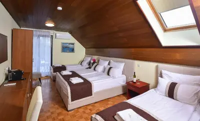 a hotel room with two beds and a window at Penzion Zaka in Bled