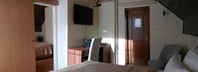 a room with a bedroom with a bed and a television at Penzion Zaka in Bled