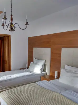 a bedroom with two beds and a chandelier at Penzion Zaka in Bled