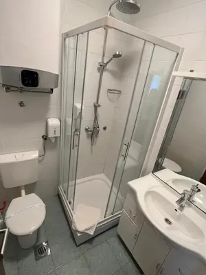 a bathroom with a shower and a toilet and a sink at Penzion Zaka in Bled