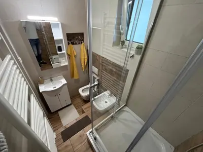a bathroom with a shower with a toilet and a sink at Apartment A1 in Ljubljana
