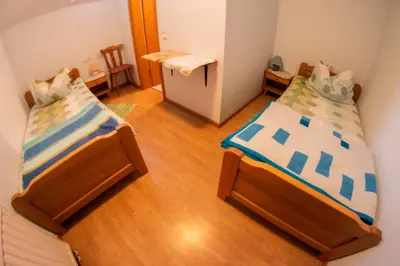 two twin beds in a small room with wooden floors at Turistična kmetija Dreisiebner in Špičnik