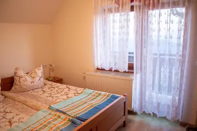a bedroom with a bed and a window with curtains at Turistična kmetija Dreisiebner in Špičnik