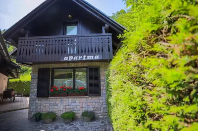 a building with a window and flowers on the side at Počitniška hiša Žvan in Bohinj