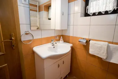a bathroom with a sink and a mirror at Počitniška hiša Žvan in Bohinj