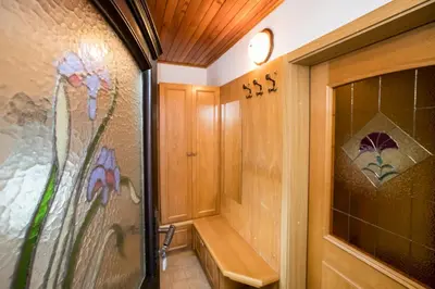 a hallway with a walk in shower with a glass door at Počitniška hiša Žvan in Bohinj
