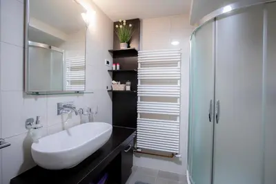 a bathroom with a sink and a shower at Apartments Trio in Kranjska Gora