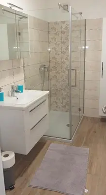 a bathroom with a shower and a sink and a mirror at Apartmaji Pika in Cerklje na Gorenjskem