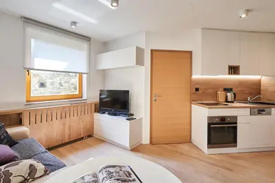 a kitchen and living room with a couch and a tv at Cozy Apartment in the heart of Kranjska Gora in Kranjska Gora