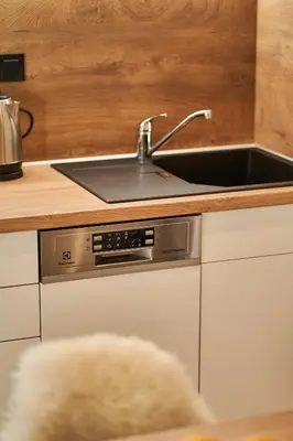 a kitchen with a sink and a counter at Cozy Apartment in the heart of Kranjska Gora in Kranjska Gora