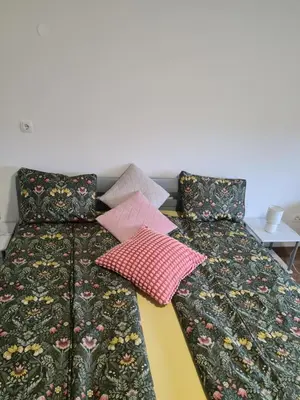 two beds with pillows on them in a room at Apatmaji Pika 2 in Cerklje na Gorenjskem