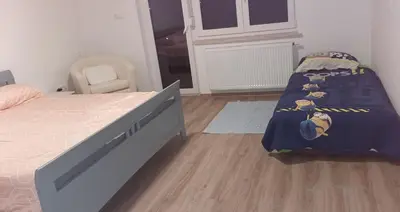 a bedroom with two beds and a chair and a window at Apatmaji Pika 2 in Cerklje na Gorenjskem