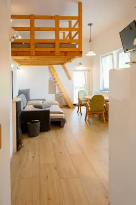 a living room with a loft bed and a kitchen at APARTMA RANČ LUŽE in Kranj