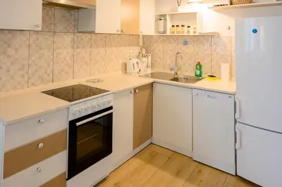 a kitchen with white cabinets and a sink and a stove at APARTMA RANČ LUŽE in Kranj