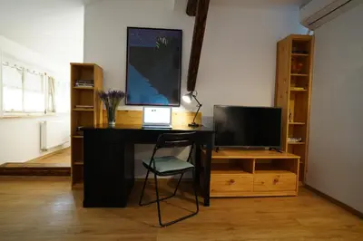 a desk with a laptop and a television in a room at Martin's Hidden Garden in Ljubljana