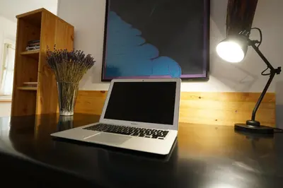 a laptop computer sitting on a desk with a lamp at Martin's Hidden Garden in Ljubljana