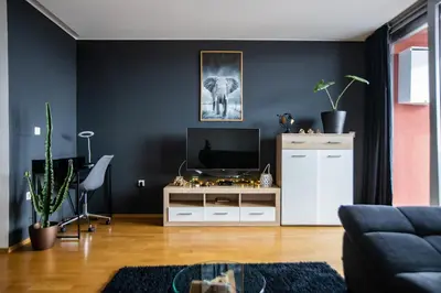 a living room with a couch and a tv at HERMES APARTMENT & 2 free garage secured parkings in Ljubljana