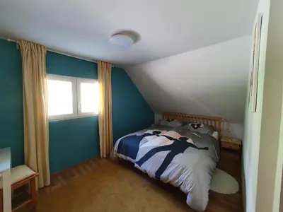a bedroom with a bed in a room with a window at Veronica's place in the mountains in Cerklje na Gorenjskem