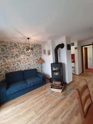 a living room with a blue couch and a fireplace at Veronica's place in the mountains in Cerklje na Gorenjskem