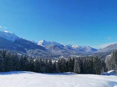 a snow covered hill with trees and mountains in the background at Apartment Erlah in Rateče