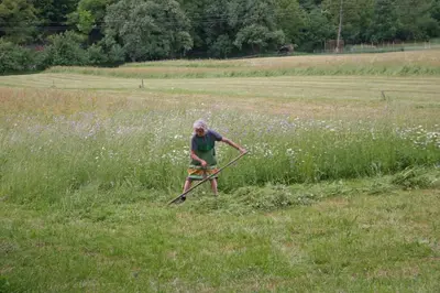 a man standing on a wooden frame in a field at Accommodation Destina, LAKE BOHINJ in Bohinj
