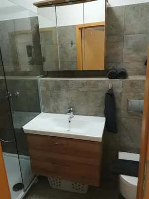 a bathroom with a sink and a shower at Place near Casino Mond - Apartma Urška in Šentilj