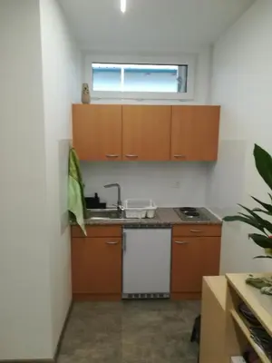 a kitchen with wooden cabinets and a sink and a window at Place near Casino Mond - Apartma Urška in Šentilj