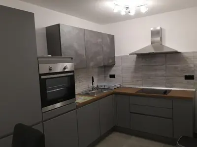 a kitchen with a stove and a sink in it at APP Aleksa 6168 in Čatež ob Savi
