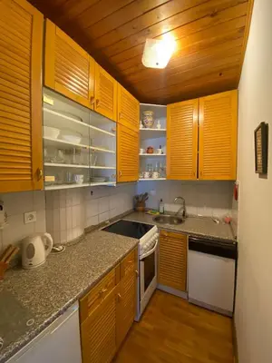a kitchen with wooden cabinets and a sink at Apartma Snežinka in Kranjska Gora