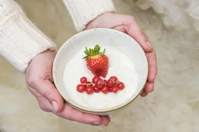 a person holding a bowl with a strawberry and berries at Guesthouse Lajnar in Zgornja Sorica
