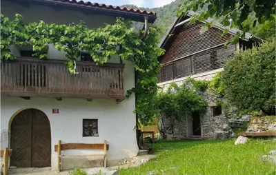 a house with a wooden door and a yard at Amazing Home In Tolmin With Sauna in Tolmin