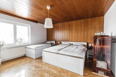 a bedroom with a bed and a wooden ceiling at Drive Caffe Apartments in Trzin