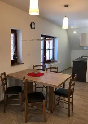 a kitchen and dining room with a wooden table and chairs at Apartmaji Kramar Rateče in Kranjska Gora