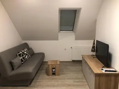 a living room with a couch and a tv at Apartmaji Kramar Rateče in Kranjska Gora