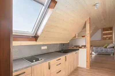 a kitchen with a sink and a window in a room at Apartmaji Katja in Bohinj