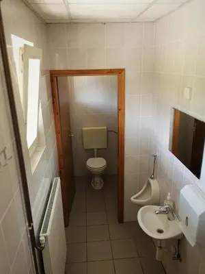 a small bathroom with a toilet and a sink at Hostel Mladinski center Šmartno ob Paki in Šmartno ob Paki