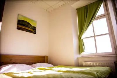 a bedroom with a bed and a window at Hostel Mladinski center Šmartno ob Paki in Šmartno ob Paki