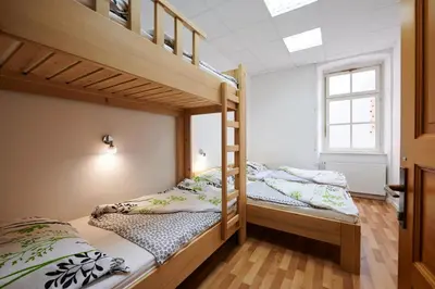 two bunk beds in a room with a window at Hostel Mladinski center Šmartno ob Paki in Šmartno ob Paki