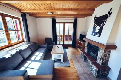 a living room with a couch and a fireplace at Pohorje Village Wellbeing Resort - Family Apartments Bolfenk in Pohorje