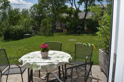 a table with a vase of flowers on a patio at Barbara`s Village House in Ilirska Bistrica