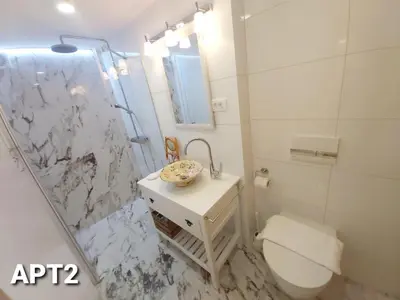 a bathroom with a shower and a toilet and a sink at Alpine Village Home in Bohinj