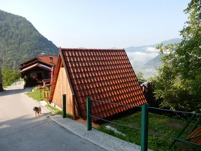 a small wooden building with a dog standing next to it at Glamping Tinka in Tolmin