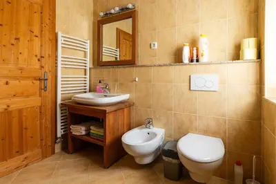 a bathroom with a toilet and a sink and a mirror at Podjelje in Podjelje