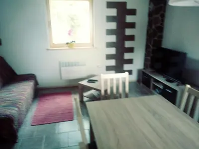 a living room with a table and a couch at apartma HIŠKA KOROŠEC in Bohinj