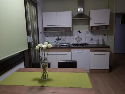 a kitchen with a vase of flowers on a table at apartma MAKS - Kobarid in Podbela