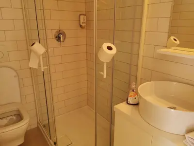 a bathroom with a shower and a toilet and a sink at Cube studio by the river (with free bike rental) in Ljubljana