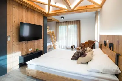 a bedroom with a large bed and a flat screen tv at Pr Anzl in Bled